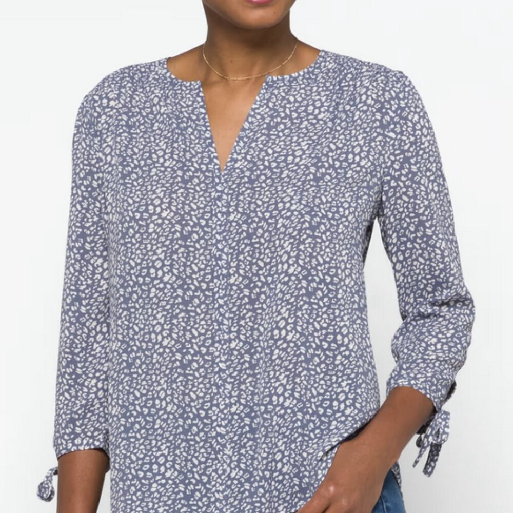 Blue and White Long Sleeve Tie Front Blouse